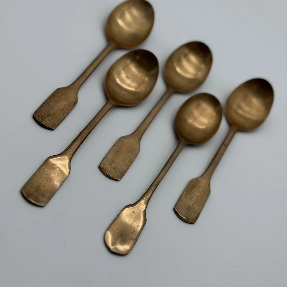 Vintage Bronze Brass Spoons Set of 5 Mid Century Modern Fiddle Handle Gold Tone